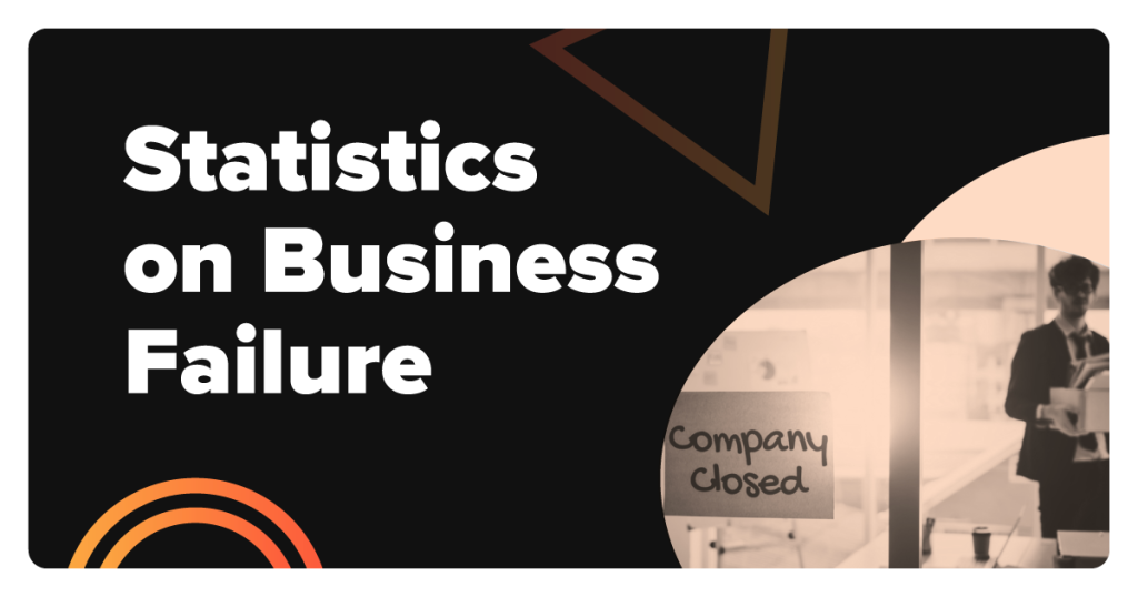 Feature image with the title 'Statistics on Business Failure' and an image of someone clearing a desk in an office with a sign on the window that reads 'company closed'