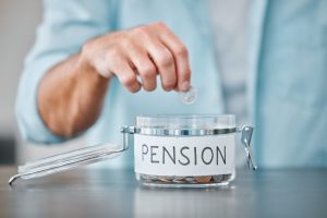 Man, hands and coin in pension jar for investment