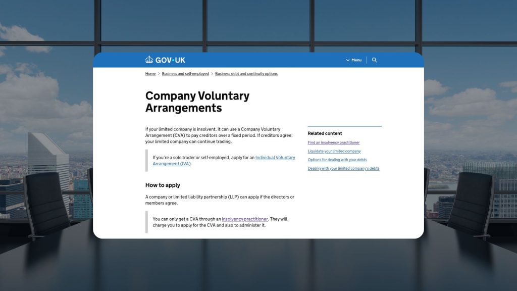 GOV.UK Company Voluntary Arrangements guidance page shown on screen against an office boardroom backdrop