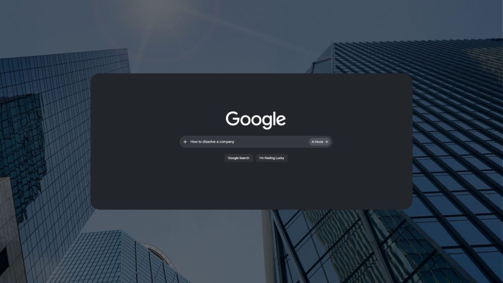 Google search interface in dark mode displaying the search query "How to dissolve a company" over corporate office buildings.